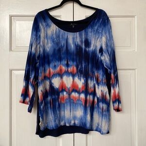 Karen Kane Tie Dye Tunic Top Watercolor Jersey Knit Top Red‎ White and Blue Navy